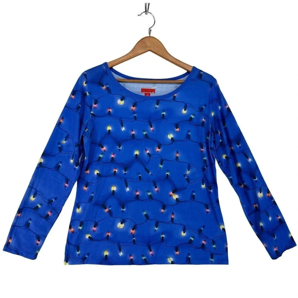 Target Christmas Lights PJ Top‎ Womens Large Blue Scoop Neck Long Sleeve Tee